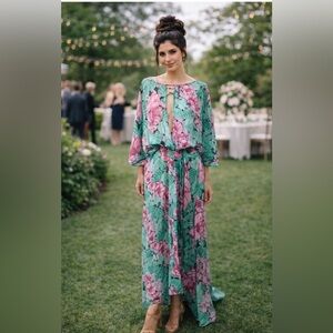 Leifnotes Anthropologie Women's Dress Size 14 Maxi Floral Green NWT
